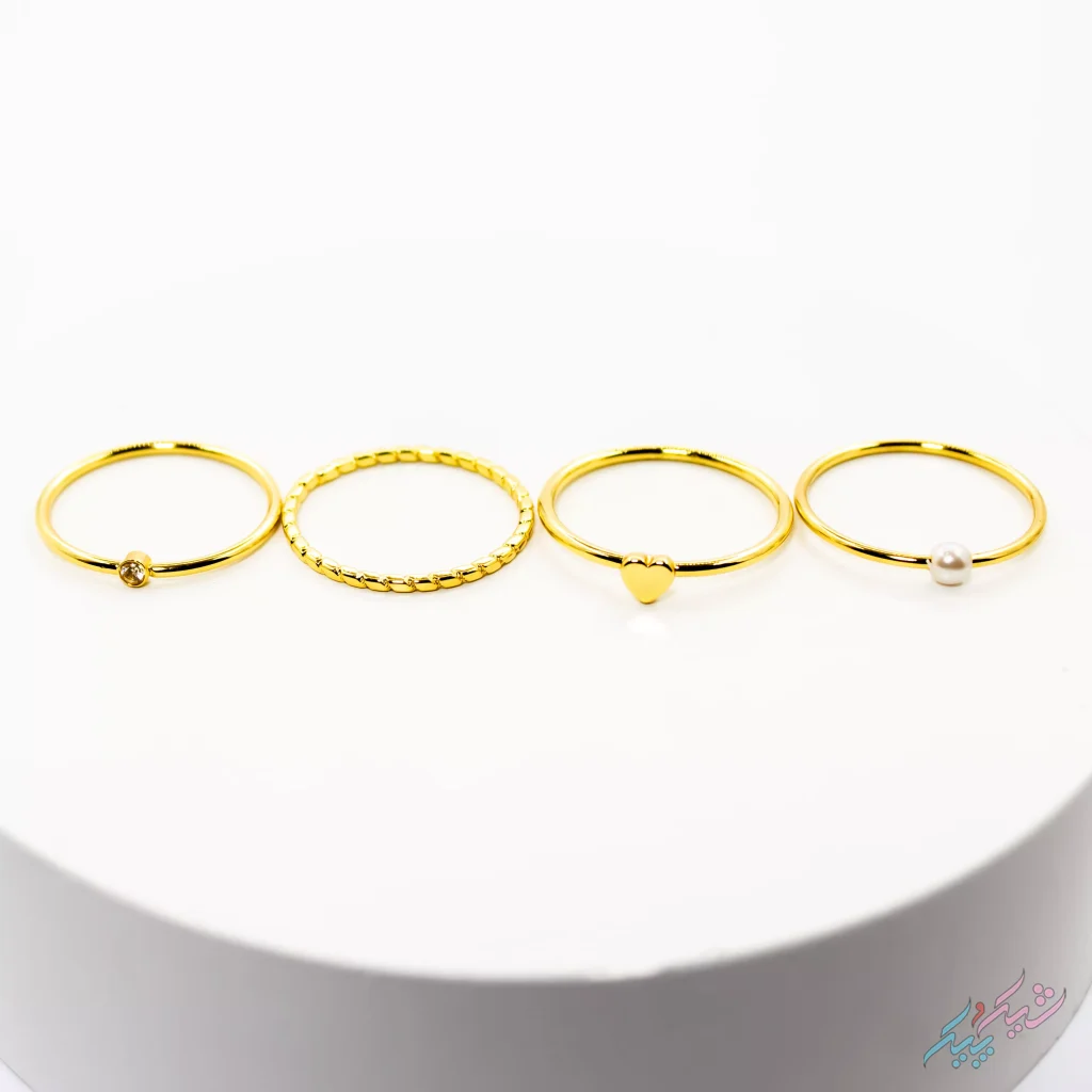 پک چهارتایی انگشتر طلایی برند I Am زیرکونیا مروارید قلب پیچ سایز S | | روکش طلا - GOLD PLATED